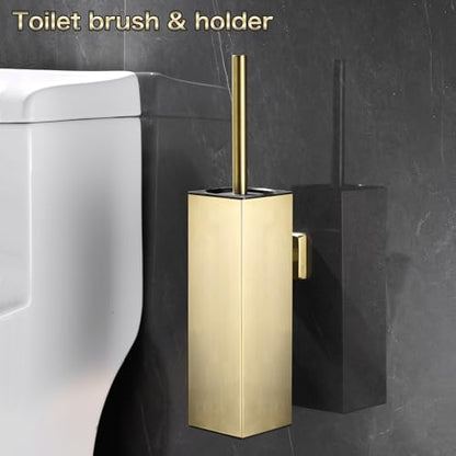 Toilet Brush Set - Brushed Gold, Wall-Mounted Holder, Cleaning Brush Head, and Splash Guard - color: Brushed Gold