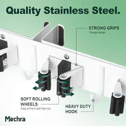 Over The Door Broom and Mop Holder, Heavy Duty Stainless Steel Organizer with 4 Slots and 3 Hooks, No Drilling Space Saving Tool Hanger for Kitchen, Laundry Room, Closet, and Garage - White - color: White