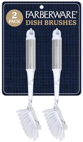 Farberware Dish Brush with Handle – 2 Pack Kitchen Scrub Brush for Dishes, Non-Scratch Dishwashing Brush Set with Firm Bristles for Pots, Pans, & Sink, Long Handles for Everyday Cleaning - color: White Marble Rectangular