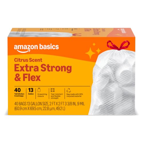 Amazon Basics Extra Strong & Flex Tall Kitchen Drawstring Trash Bags, Citrus Scent, 13 Gallon, 40 Count