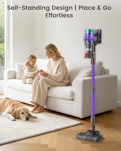 Cordless Vacuum Cleaner, 650W 55KPA 70Min Wireless Vacuum for Home, Stick Vacuum with Green Light Anti-Tangle, Rechargeable Vacuum Cleaners for Pet Hair Carpet Hard Floors （Purple）