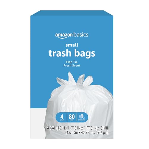 Amazon Basics 4 Gallon Trash Bags, Flap Ties, Fresh Scent, 80 Count (Pack of 6) - size: 80 Count (Pack of 6)