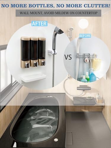 RANKADO Luxury Shower Soap Dispenser Bathroom with Tray,Drill Free Shampoo and Conditioner Dispenser with Mounting Tapes,Shower Soap Dispenser with Labels,Shampoo Dispenser for Shower Wall (Gold) - color: 300ml X 3（gold）