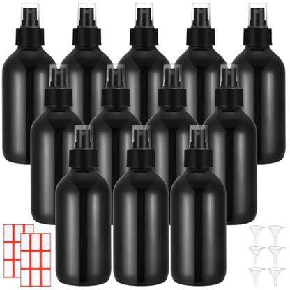 Norme 12 Pcs 8 oz Glass Spray Bottles with Funnels and Labels Refillable Cosmetic Empty Spray Bottles with Sprayer Containers for Essential Oil Cleaning Solutions(Black,Stylish) - color: Black, style: Stylish