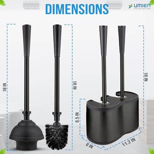 UMIEN Toilet Brush and Plunger Set 18-in - Updated 2025 No-Rust - Stainless Steel Design - Long Handles - with Freestanding Canister (Matte Black) - color: Matte Black, size: 1 pack