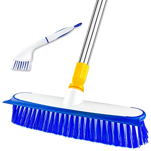 Floor Scrub Brush - 2 in 1 Deck Scrub Brush with Long Handle for Tile, Deck, Patio, Marble, Garage, Wall, Kitchen, Bathroom - size: 12"