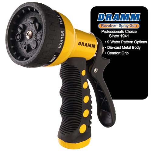 Dramm Revolver Heavy Duty Metal Garden Hose Nozzle – 9 Spray Patterns, High Pressure Jet, Thumb-Control Flow, Ergonomic Grip – Yellow - color: Yellow, style: 9-Pattern Revolver