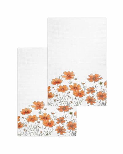 Orange Floral Hand Towels Set,Waffle Weave Kitchen Towels 2 Pieces,Microfiber Hair Face Bath Tea Towel Absorbent Quick Drying Cleaning Dish Cloths,Watercolor Floral Flower Modern White 15.7"x23.6" - color: Floralhab8047