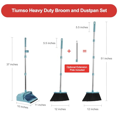 Tiumso Upgrade Broom and Dustpan Set, Broom with Dustpan Combo Sets, Large Brooms and Dust Pan with Handle, Self-Cleaning Dust Pans, Heavy Duty Broom and Dustpans Set for Lobby Kitchen Office - Green - color: Green