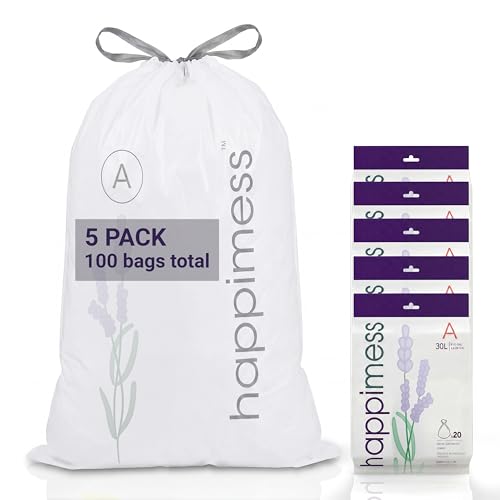 happimess 8 Gallon (30L) Drawstring Trash Bags, Lavender Scent, White, Heavy Duty MDPE Liners for Kitchen and Household, Odor Control, Custom Fit 100 Count (5 Packs of 20 Liners) HPM3101A-W-5SET - color: White (Lavender Scented), size: 100 Count (Pack of