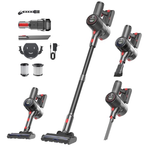 Cordless Vacuum Cleaner, 45KPA Powerful Stick Vacuum with LED Display Design, Tangle-Free Brush, Self-Standing, HEPA Filter, for Pet Hair, Carpet, Hardwood - Black - color: Black