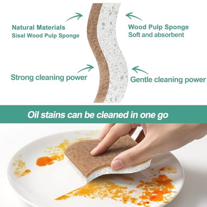 12Pack Natural Kitchen Sponge, Biodegradable Cellulose and Coconut Scrubber, Eco Friendly Sponges for Dishes