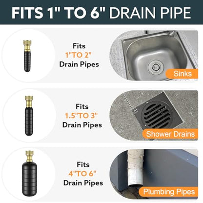 3-Pack Drain Bladder Kit, Water-Powered Rubber Drain Cleaning Bladder, Fits 1 to 6 Inch Pipes, Ideal for Clearing Bathroom Sinks, Showers, Swimming Pool Drains, Kitchen Sinks and Main Drains Clogs