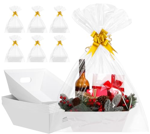 AFOROEOA 10PACK White Baskets For Gifts Empty, 10x12”Thick Kraft Gift Basket with 10 Bows 10 Bags Empty Gift Baskets for Christmas, Easter, Birthdays, Snacks, Farmers Market - color: White