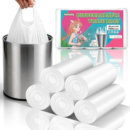 4 Gallon Small Trash Bags Biodegradable - Unscented 100-Pack White Garbage Bag with Handles Strong Thick Can Bin & Waste Basket Liner for Kitchen, Pet Area, or Home Office Heihaily - style: Bio-4Gal-White100