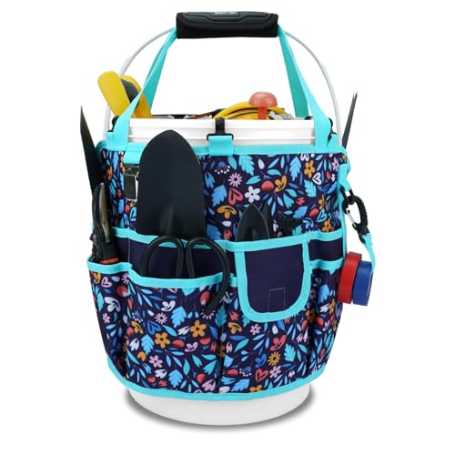 KUNN Bucket Tool Organizer 5 Gallon with Hangable Handle 18-Pocket Detachable Bucket Bag for Tools, Garden Caddy Tote with Pockets, Heavy Duty 600D Polyester Gardening Accessory,Blue - style: Navy Bloom