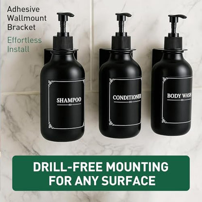 Matte Black Shampoo and Conditioner Dispenser 3 Chamber Set– No Drill Wall Mounted, Shower Soap Pump Bottles, Refillable Bathroom Body Wash Dispensers with Waterproof Labels