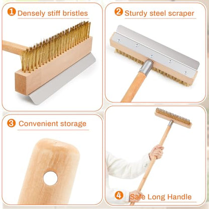 Reallnaive 1 Pack 37 Inch Wood Handle Pizza Oven Brush with Scraper Outdoor Pizza Oven Cleaning Brush Tool, Aluminum Threaded Tip, Brass Bristles with Steel Scraper
