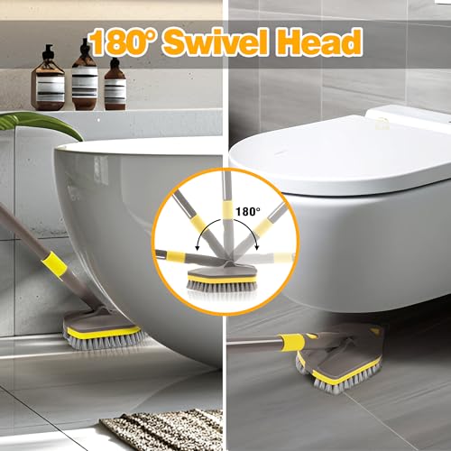 NEWE Shower Cleaner Brush, Tub Tile Scrubber with Telescopic Long Handle 56 inches, 4 Scrub Heads for Cleaning Bathroom Bathtub Floor Baseboard Sink Kitchen Toilet (Brown Yellow) - color: Brown Yellow