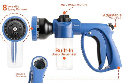 Corvid Adjustable Nozzle with Soap Dispenser, 8-Pattern Spray Hose Nozzle for Cleaning Cars, House, and Pets - Lightweight Plastic Design