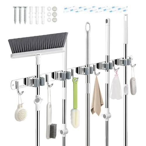 5 Racks and 6 Hooks Mop and Broom Holder Wall Mount, 304 Stainless Steel Broom Hanger Organizer for Home Kitchen Garden Laundry Garage - size: 5 Racks 6 Hooks