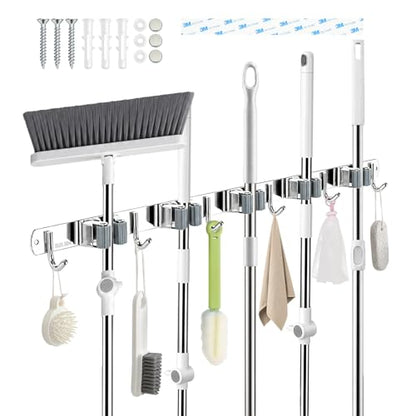 5 Racks and 6 Hooks Mop and Broom Holder Wall Mount, 304 Stainless Steel Broom Hanger Organizer for Home Kitchen Garden Laundry Garage - size: 5 Racks 6 Hooks