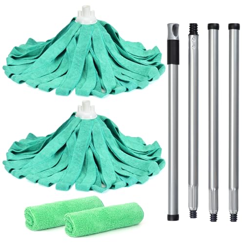 Matthew Microfiber Cloth Mop Compatible with Ceda Microfiber Cloth Mop Refill Commercial Replacement 54" Stainless Steel Handle with 2 Wet Mop Heads w/1 Handle Incl.2Pcs Microfiber Towels-Green - color: Green