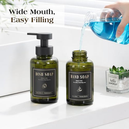 Luxspire Foaming Soap Dispenser, Glass Foam Pump Soap Dispenser, Non-Slip Hand Soap Container with 5 Waterproof Labels, 15 Oz Refillable Liquid Soap Holder for Bathroom & Kitchen, Olive Green, 2 Pack - color: Olive Green