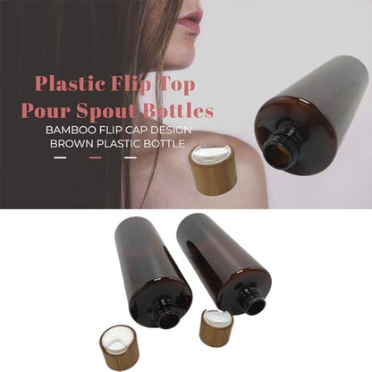 Empty Cosmetic Bottles 16oz/500ml 2 Pack with Bamboo Disc Top Flip Cap for Shampoo Lotion Liquid Soap,Cream,Refilable Plastic Squeeze Travel Size Toiletry Bottles Brown - color: Brown, size: 500ml (Pack of 2)