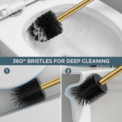 FORIOUS Toilet Brush and Holder Set, SUS304 Stainless Steel Square Base, Extended Long Handle, Drip-Proof & Space Saving, 2 Replaceable Brush Heads, Plastic & Silicone Dual Brush Head, Drak Gold - color: Brushed Gold