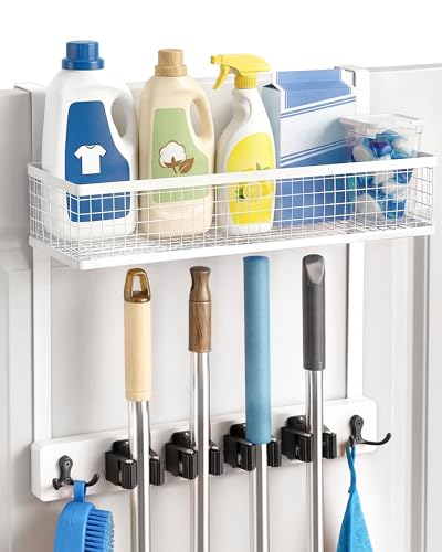 Lorbro Over the Door Broom Holder with Cleaning Supply Organizer, Wooden Mop and Broom Holder Wall Mount, 4 Grips, 4 Hooks, No-Drill Storage Rack, Mop Hanger for Laundry Room, Garage, Storage