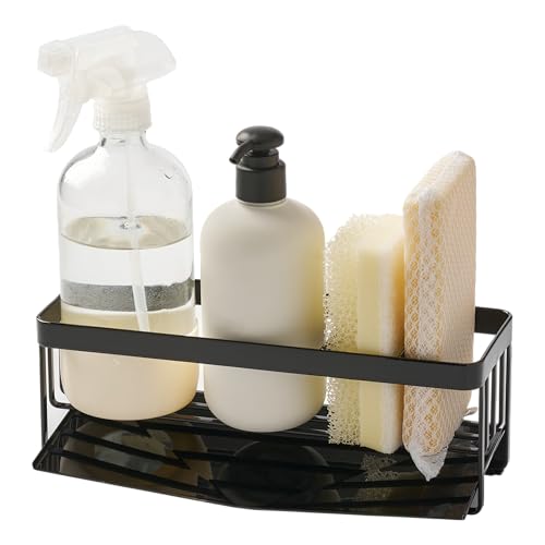 Yamazaki Home Tower Self-Draining Sponge and Soap Bottle Rack, Kitchen Sink Organizer Metal Holder with Removable Tray - Steel - color: Black