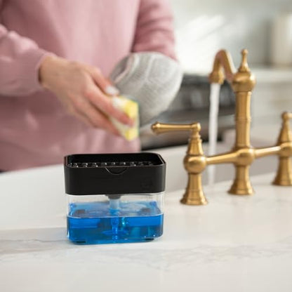 S&T INC. Dish Soap Dispenser and Sponge Holder for Kitchen Sink with Enhanced Features, Sponge Included, 13 Ounces, Matte Black - color: Matte Black
