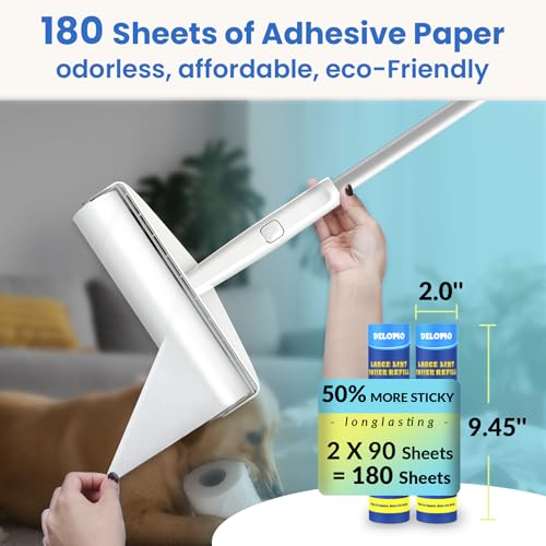 Lint Roller Refills (2 Pack, 180 Sheets) – DELOMO 9.45 in Large Lint Roller Refill, Compatible Only with DELOMO Large Lint Roller, for Cleaning Carpets, Cars, Beds, Couches & Pet Hair - size: C: 2 Refills (180 Sheets Total)
