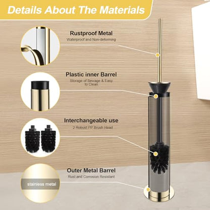 BGL Toilet Brush and Holder Set, Heavy Duty 304 Stainless Steel, Round Base and Long Handle for Bathroom Deep Cleaning, Drip-Proof, Space Saving for Storag, Polished Gold - color: Gold