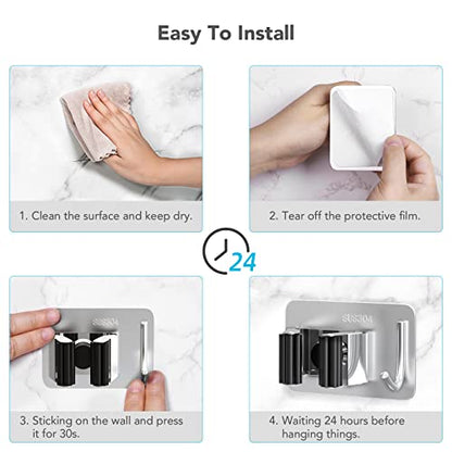 homeasy Mop Broom Holder No Drill, Mop Broom Organizer Wall Mounted Heavy Duty with Hooks Hanger, Self Adhesive Stainless Steel 4Pcs for Bathroom, Kitchen, Office (Multicolor) - color: Silver Mix