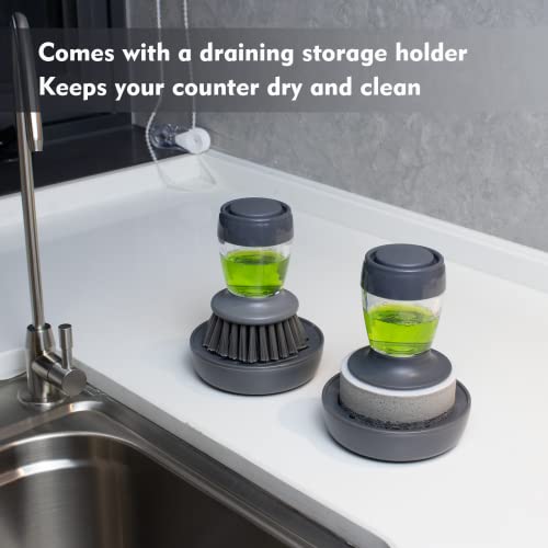 DAPOWER Dish Brush with Soap Dispenser, Kitchen Scrub Brush for Dishes Pots Pans Sink Cleaning, Dish Scrubber with Holder Set (Grey 2-Pack Combo Set) - color: Grey 2-pack Combo Set
