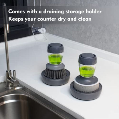 DAPOWER Dish Brush with Soap Dispenser, Kitchen Scrub Brush for Dishes Pots Pans Sink Cleaning, Dish Scrubber with Holder Set (Grey 2-Pack Combo Set) - color: Grey 2-pack Combo Set