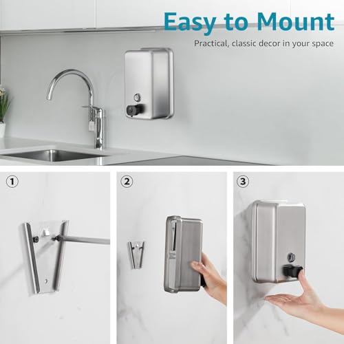 Commercial Wall Mount Soap Dispenser - Stainless Steel Bathroom Hand Soap 38.8oz Liquid - Anti-Leak Pump and Large Capacity Brushed Refillable - size: Vertical 38.8oz Plus