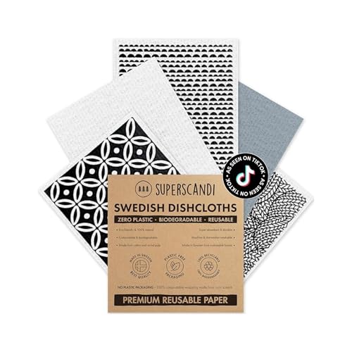SUPERSCANDI 5 Pack Swedish Dishcloths for Kitchen - 100% Biodegradable & Compostable, Reusable Paper Towels Washable, Food-Safe & Without Plastic - Dish Rags Suitable for Any Surface, Scandi White - color: Scandi White