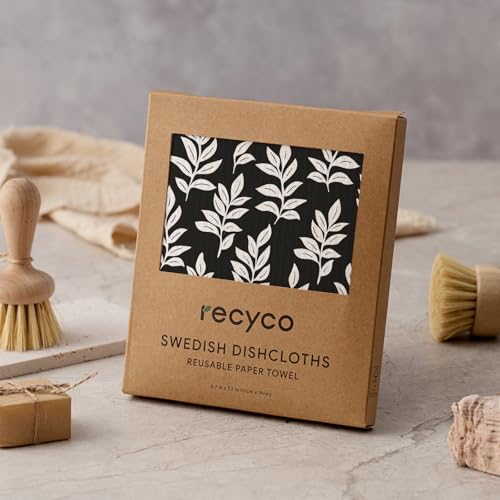 RECYCO Swedish Dishcloths for Kitchen | 5 Pack Mystic Meadows Washable Dish Rags | Cellulose Reusable Cleaning Paper Towels | Absorbent Counter Dish Cloth Sponge Kitchen Wipes, 8" L x 7" W - color: Black & White Mystic Meadows-5 Pack