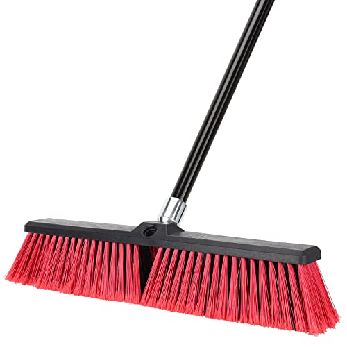 18 inches Push Broom Outdoor Garden Broom with 63" Long Handle for Deck Driveway Garage Yard Patio Concrete Floor Cleaning(Red) - color: Red