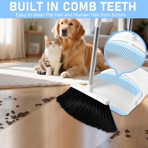 Broom with Dustpan Combo Set for Home, 52-in Long Adjustable Handle Angle Broom and Dustpan Set with Dustpan Comb Teeth for Sweeping Pet Hair Food Dirt Kitchen (White-Blue) - color: White-blue