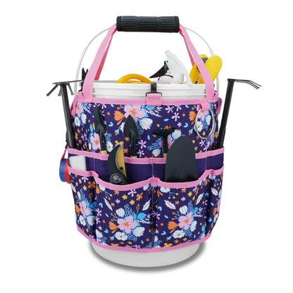 KUNN 5 Gallon Bucket Tool Organizer 18-Pocket Heavy-Duty Bucket Caddy with Hangable Handle & Comfort Grip Pad | Gardening Tool Bag, Garden Organizer Storage Bag Accessory for Gardeners, Purple - style: Purple Floral