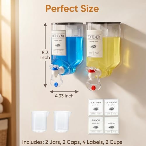 2 Pack Laundry Soap Dispenser,Wall Mounted Detergent Dispenser, Fabric Softener Dispenser, Liquid Dispenser with Spigot for Laundry Room Organization and Storage with 4 Labels Measuring Cups
