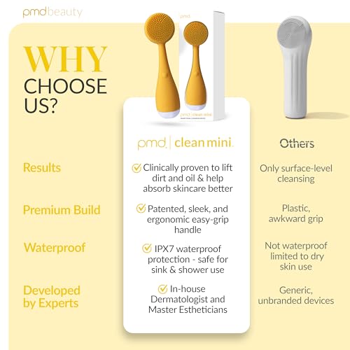 PMD Clean Mini - Smart Facial Cleansing Device with Silicone Brush & Anti-Aging Massager - Waterproof - SonicGlow Vibration Technology - Clear Pores and Blackheads - Lift, Firm, and Tone Skin - color: Yellow