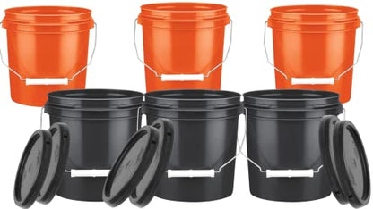 House Naturals 1 Orange and Black Gallon Food Grade Buckets pails with Lids BPA Free Plastic containers -(Pack of 6) Made in USA