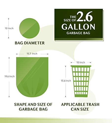 FORID 2.6 Gallon Compostable Garbage Bags, 150 Count, 5 Rolls – Green, Small, Durable, Thick, Unscented Trash Bags, 10 Liter - For Kitchen, Bathroom, Home, Office - style: 2.6 Gal (150 Count)