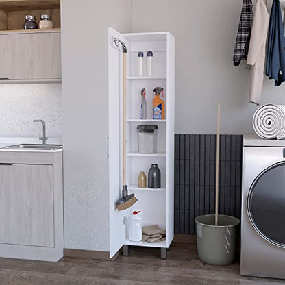 Tall Storage Cabinet, Slim Broom Closet with Single Door, 5-Tier Cabinet, 3 Broom Hangers, Modern White, Melamine Finish - color: White