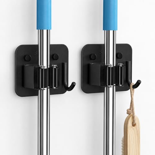 2 Pack Broom Holder Wall Mount, 304 Stainless Steel Mop Organizer with Hooks, No Drill Adhesive and Screw Installation, Rust Proof Storage Rack for Garage, Laundry, Garden, Black - color: C-Black, size: 2PCS Gripper